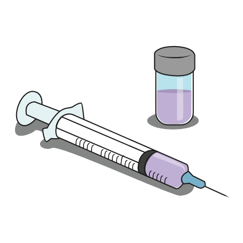 Seringue remplie et flacon de liquide violet