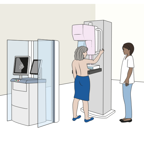 Femme positionnée à un appareil de mammographie, technicienne à proximité